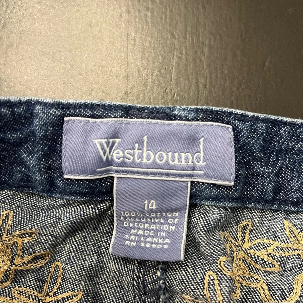 Westbound Y2k Blue Denim Floral Embroidery Straight Knee Length Jean Skirt Sz 14